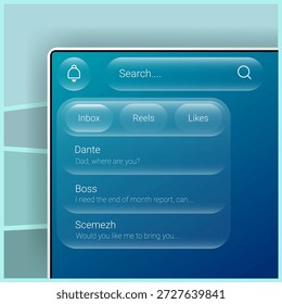 Eine moderne Benutzeroberfläche für die Benachrichtigung des Desktop-Betriebssystems mit Glasmorphismus und transparenten Bedienfeldern und weichen Unschärfeeffekten
