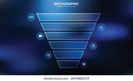 Moderne und Glasmorphismus Trichterdiagramm Vorlage mit 6 Abschnitten. Kreatives Diagramm, das in sechs Teile mit Technologie-Icons unterteilt ist und Platz für Ihren Textinhalt bietet. UI UX Design-Marketing. futuristisch 