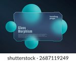 Modern glassmorphism layout with glowing turquoise spheres on a dark blue background, stylish landing page design with futuristic aesthetic.