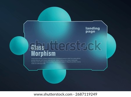 Modern glassmorphism layout with glowing turquoise spheres on a dark blue background, stylish landing page design with futuristic aesthetic.