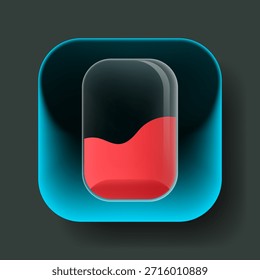 Icono de palanca de interfaz de usuario de estilo morfismo de vidrio moderno con un gradiente rojo líquido dentro de un interruptor transparente redondeado en un fondo cian brillante