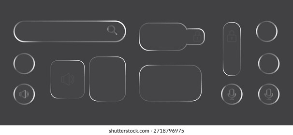 Modernes Glas-Morphism UI-Kit mit transparenten mattierten Glasscheiben, realistischen Unschärfeeffekten und schlanken Web-Elementen für futuristische mobile App und Website-Benutzeroberfläche-Design.