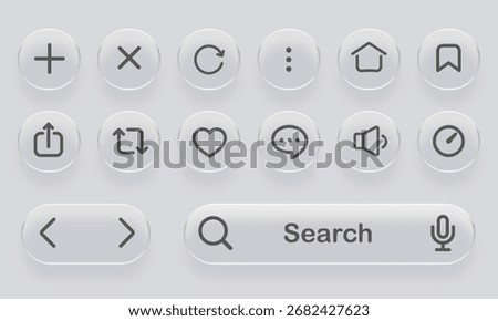 Modern Glassmorphism UI and UX Navigation Buttons. Glossy Web Navigation Symbols Collection. Vector illustration.