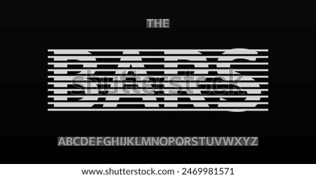 Modern glitch alphabet with horizontal bars effect. Artistic font, sleek digital design, creative communication tool. Ideal for contemporary branding, posters, digital art. Vector illustration