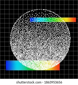 Modern glitch art background with sphere and rainbow gradients.