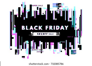 Modern glitch banner background template. Black friday banner 50% off sale. Abstract distortion of monitor screen, with broken pixels and noise. Vector illustration