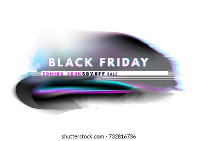 Modern glitch banner background template. Black friday banner 50% off sale. Abstract distorion of monitor screen, with broken pixels and noise. Vector illustration