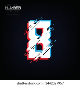 Modern glitch number eight template, abstract distortion of character with broken pixels and noise, Vector illustration