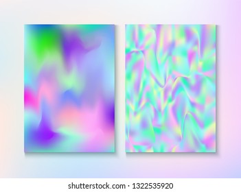 Modern Glitch Rainbow Music Party Vector Poster Set. Hologram Gradient Overlay. Unicorn Light Pearl Cover, Blank Paper, Teal. Energy Illustration. Energy Rainbow Party Glitch Background.