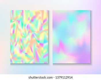 Modern Glitch Rainbow Music Party Vector Poster Set. Holographic Gradient Overlay. Trendy Pearlescent Cover, Blank Paper, Teal. Bright Template. Energy Rainbow Party Glitch Background.