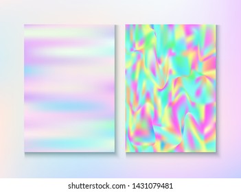 Modern Glitch Rainbow Music Party Vector Poster Set. Energy Certificate. Holographic Gradient Overlay. Pastel Light Pearl Cover, Blank Paper, Teal. Energy Rainbow Party Glitch Background.