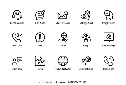 Conjunto moderno de iconos de línea de comunicación global y Configuraciones con Elementos de llamadas telefónicas, chat, perfil de usuario, red, correo electrónico, Asistencia y servicio