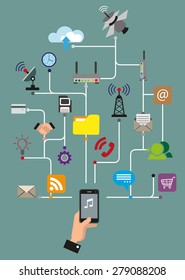Modern global communications, telecommunications, data transmission. Abstract scheme of broadcast media and mobile communications. Conceptual flat style vector infographics