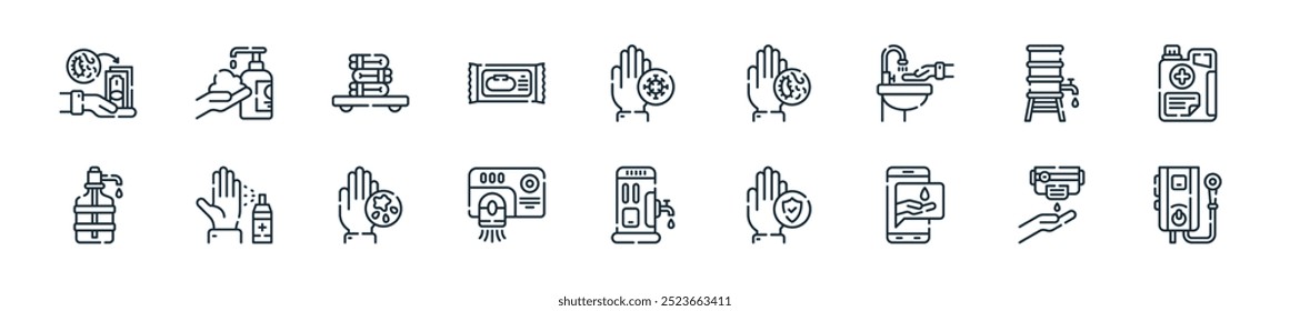 modern global handwashing day icon pack. perfect for linear ui designs featuring vector water heater, soap dispenser, hand wash, hand, water, hand dryer, and more icons for mobile and web apps.