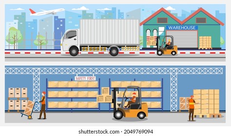 Modern Global logistic and Delivery service concept with set of container cargo ship loading, truck and warehouse for export, import, and warehouse business. Flat style vector illustration eps10