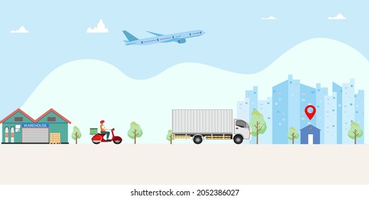Modern Global logistic and Delivery service concept with truck and warehouse for export, import, and warehouse business. 
Flat style vector illustration eps10