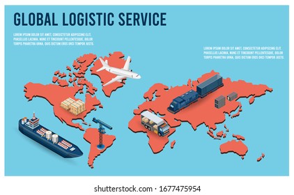 Modern Global logistic service isometric concept with export, import, warehouse business, transport. Vector illustration