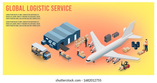 Modern Global logistic service isometric concept with export, import, warehouse business, transport. Vector illustration