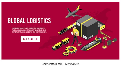 Modern Global logistic service isometric concept with export, import, warehouse business, transport. Vector illustration