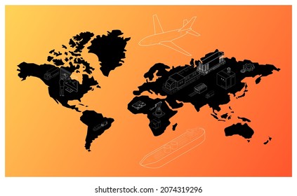 Modern Global logistic service isometric concept with export, import, warehouse business, transport. Vector illustration eps10