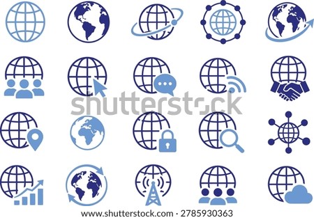 Modern global network and communication icon collection featuring world globe internet connection digital technology and worldwide business concepts. Clean blue flat vector icons isolated on white background. Perfect for global business websites apps networking cloud computing communication systems and technology branding projects.