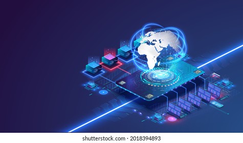 Concepto de red global moderno con centro de datos de servidor de hardware y globo holograma. Conexión a Internet o comunicación en línea a nivel mundial. Recopilación y almacenamiento de datos, procesamiento de información. 