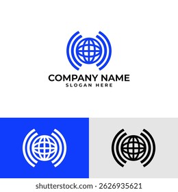 Modern global network or technology logo. Features a stylized globe with radiating wave-like lines emanating from its sides. Represents connection, communication, internet, or global reach.