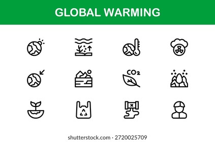 Paquete de iconos de línea de calentamiento global moderno: símbolos de contorno únicos para temas de sostenibilidad, energía verde y protección de la tierra
