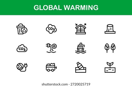 Paquete de iconos de línea de calentamiento global moderno: símbolos de contorno únicos para temas de sostenibilidad, energía verde y protección de la tierra