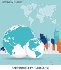 Modern globe with building background. Vector illustration.