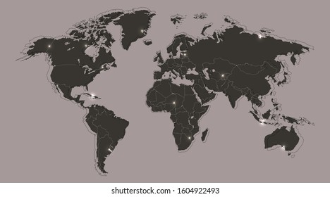 Modern Globe Map in Grey Color with Shiny Location Places. Vintage Vector Design