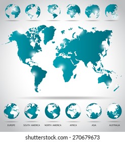Modern globes and world map, vector illustration.