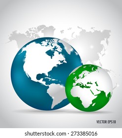 Globos modernos y mapa mundial, ilustración vectorial.