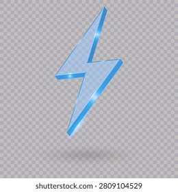 Modern glossy 3D lightning bolt icon isolated on transparent background. Ideal for electricity, energy, power, charging, speed, and technology-related applications.