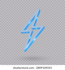 Modern glossy 3D lightning icon isolated on transparent background. Perfect for power, electricity, fast charging, renewable energy, and digital technology concepts.