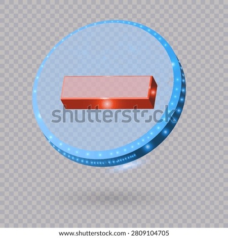 Modern glossy 3D minus button icon isolated on transparent background. Perfect for remove, collapse, zoom out, subtraction, interface controls, and application design.