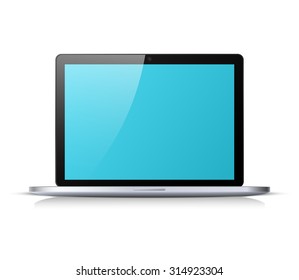 Modern glossy black notebook with blue screen  isolated on white background