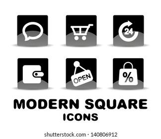 Modern glossy black square icon set. Vector