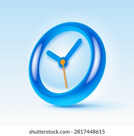 Modern glossy blue 3D clock icon with orange second hand on a soft background. Concept of time, schedule, reminder, deadline, productivity, and business planning