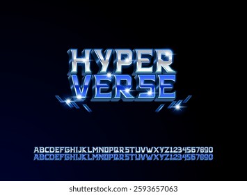 modern glossy blue silver hyper verse font alphabet with lens flare