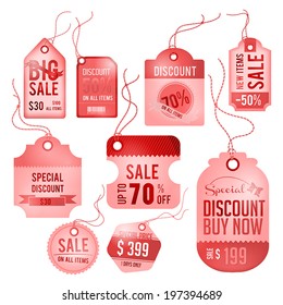 Modern glossy lady badge tag, ticket and labels design for sale promotion with hanging rope and sample text, create by vector 