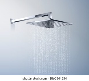 Modern glossy metallic rectangular shower head with running water realistic design concept vector illustration