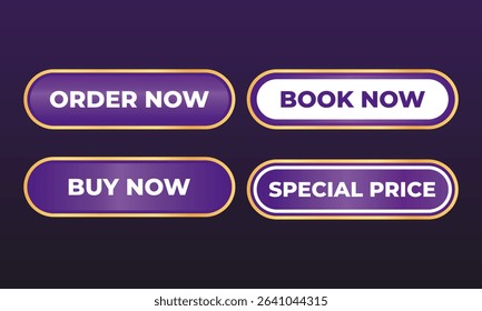 Modern glossy purple call to action button set featuring ORDER NOW, BOOK NOW, BUY NOW, and SPECIAL PRICE texts. Perfect for boosting conversions in ecommerce, digital marketing, and online platforms.
