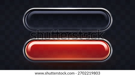 Modern glossy web buttons. Sleek dark grey and red oval UI elements with metallic borders. Vector illustration.