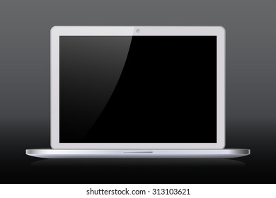 Modern glossy white notebook with black screen on gray background