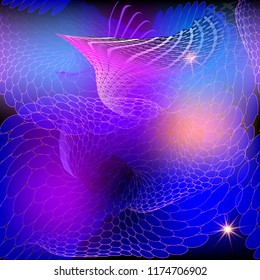 Modern glowing abstract vector seamless pattern. Ornate geometric shiny background. Intricate geometry shapes, wavy lines, stripes, spirals, waves, stars. Beautiful grid ornament in blue purple color