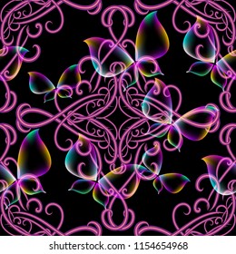 Modern glowing Damask 3d vector seamless pattern. Vintage abstract ornamental background. Hand drawn antique style oriental ornaments with flowers and glowing transparency shiny butterflies.