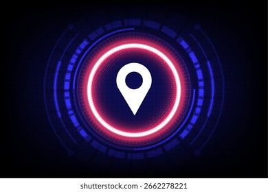 Modernes leuchtendes Pin-Symbol auf High-Tech-Hintergrund der digitalen HUD-Schnittstelle, symbolisiert GPS, Navigations- und Geolokalisierungstechnik, Vektorgrafik