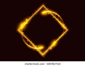 Modern Glowing Rhomb with Magic Gold Light Effect, Light Trail, Sparkle, Flare, Glitter, Flash. Luxury Rectangle Frame with Empty Space for Text. Vibrant Illustration with Transparency. Isolated. 
