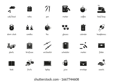 Modern glyph icon set for bullet journal design, planner, scheduler. Silhouette study learning time, gadget stationary sign. Black popular hobby simple symbol. Isolated on white vector illustration